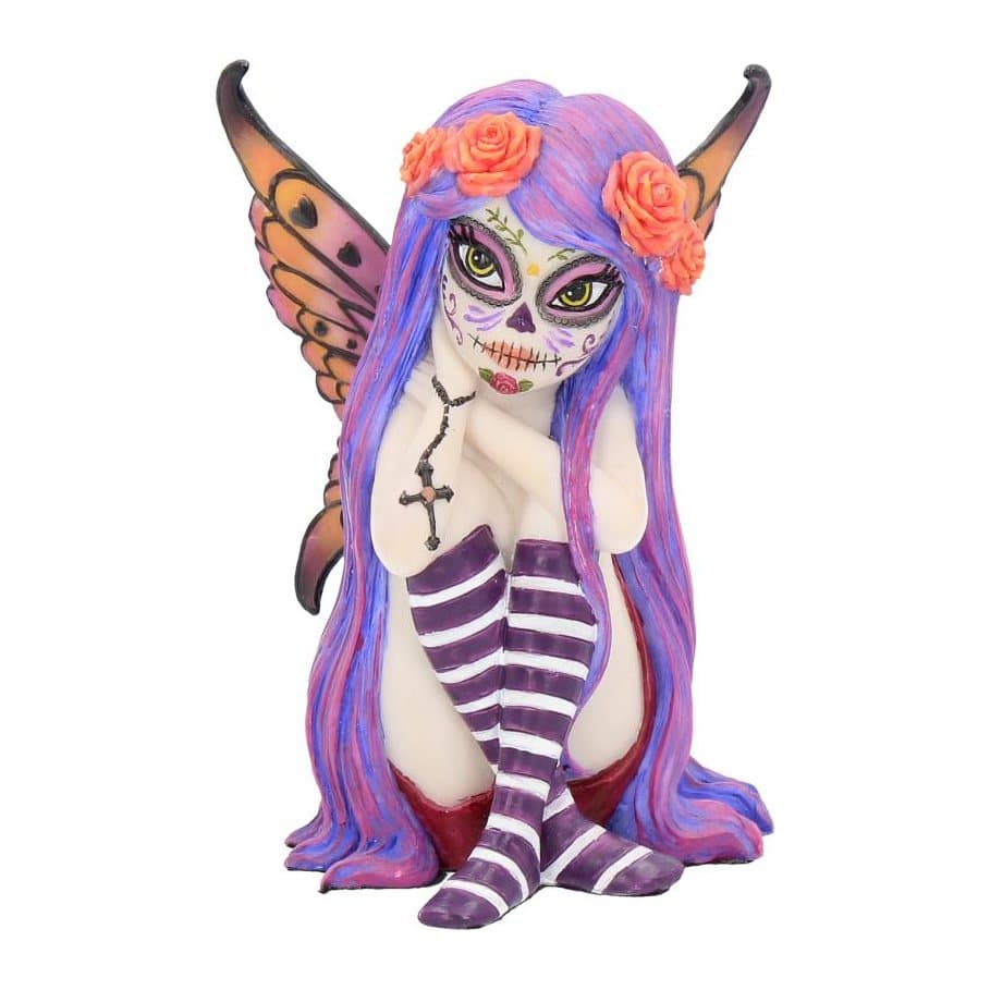 Esmerelda sugar skull fairy figurine with deep purple hair and orange roses
