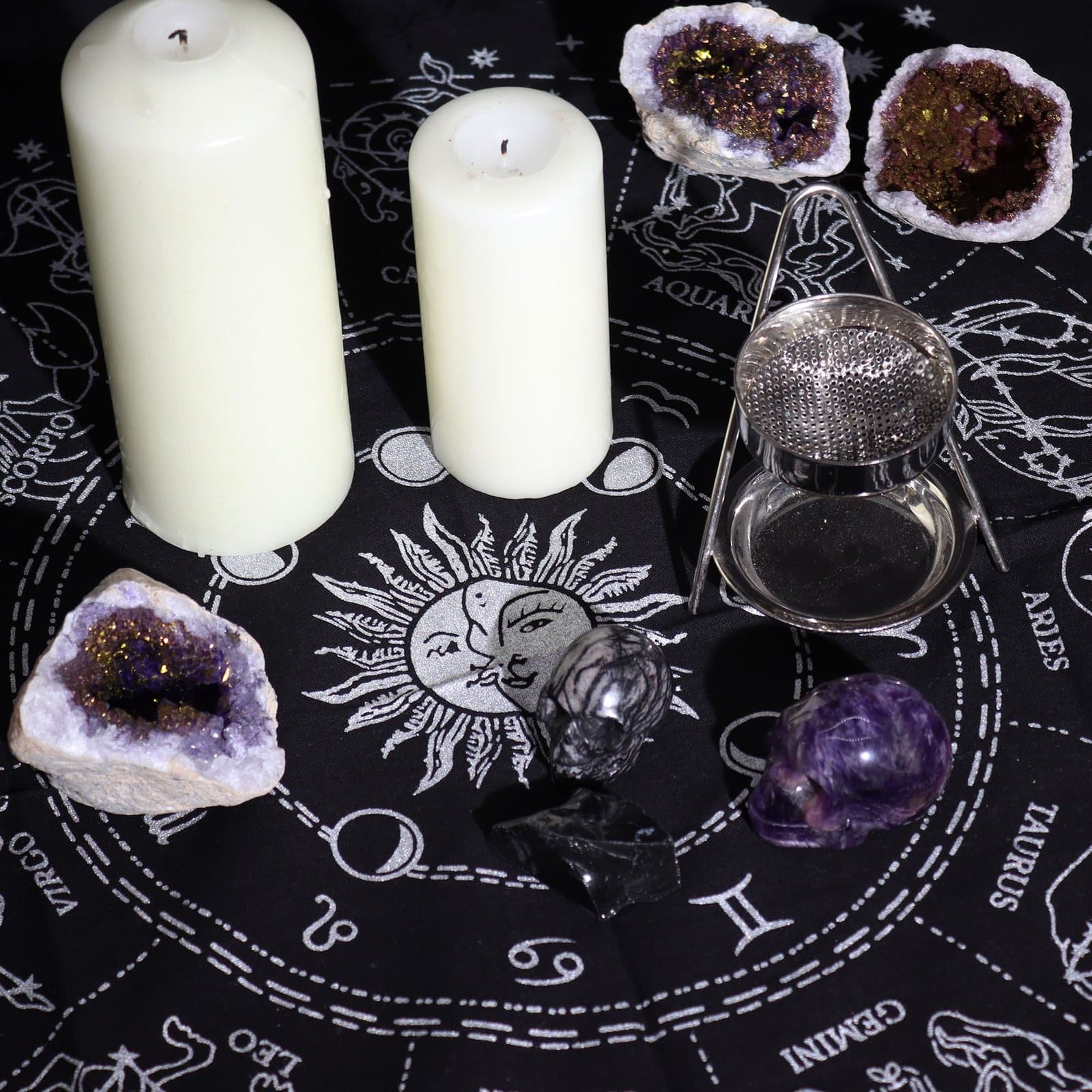 Esoteric fringed altar cloth with a horoscope wheel design