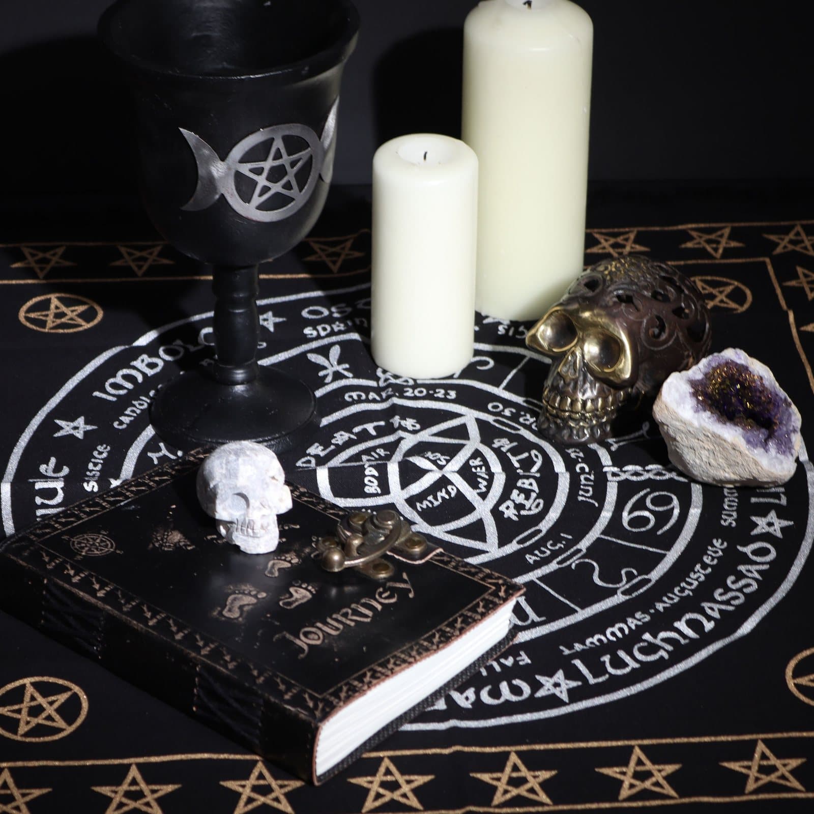 Esoteric fringed altar cloth with the Life Death Rebirth design