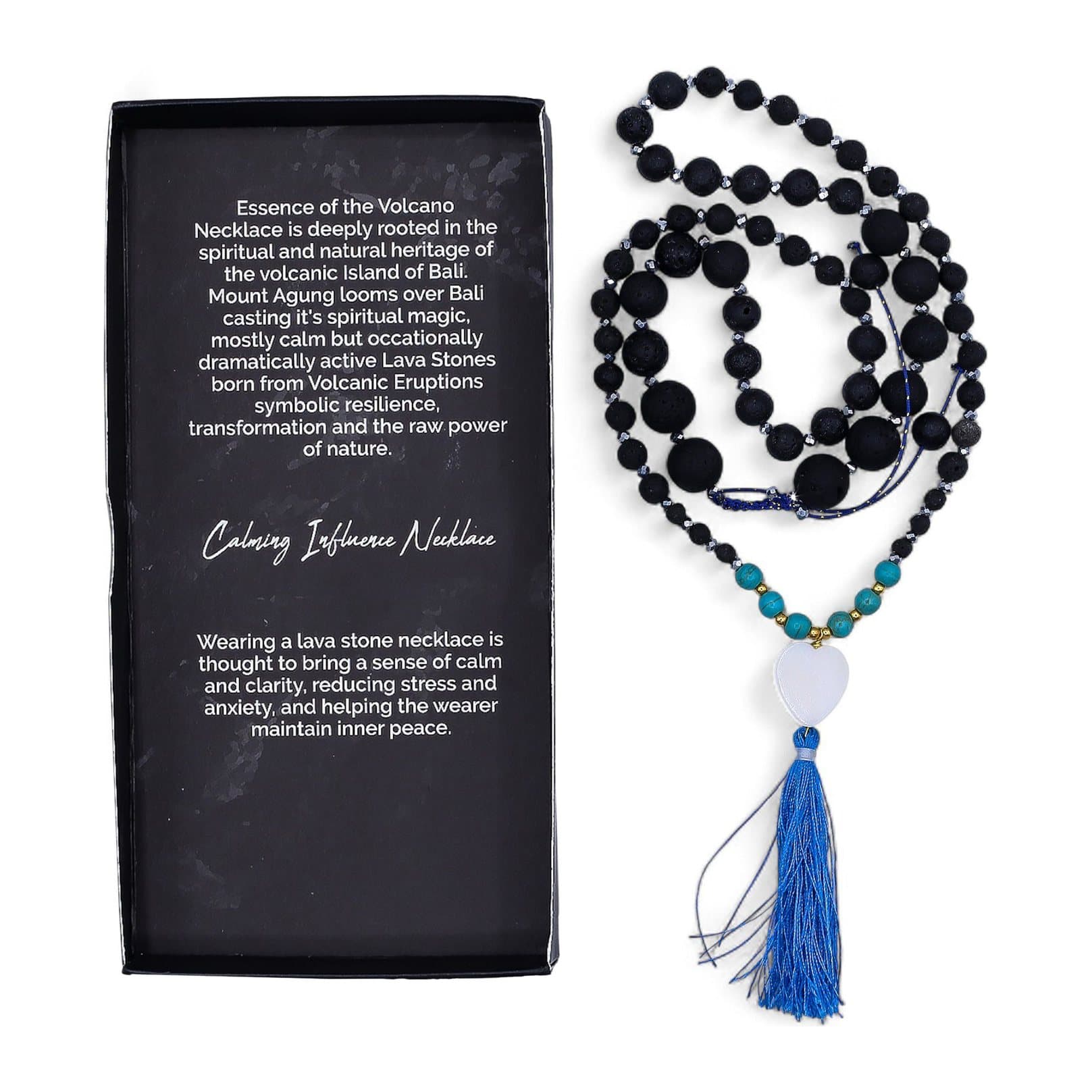 Lava bead necklace with turquoise accents, a white heart and a blue tassel