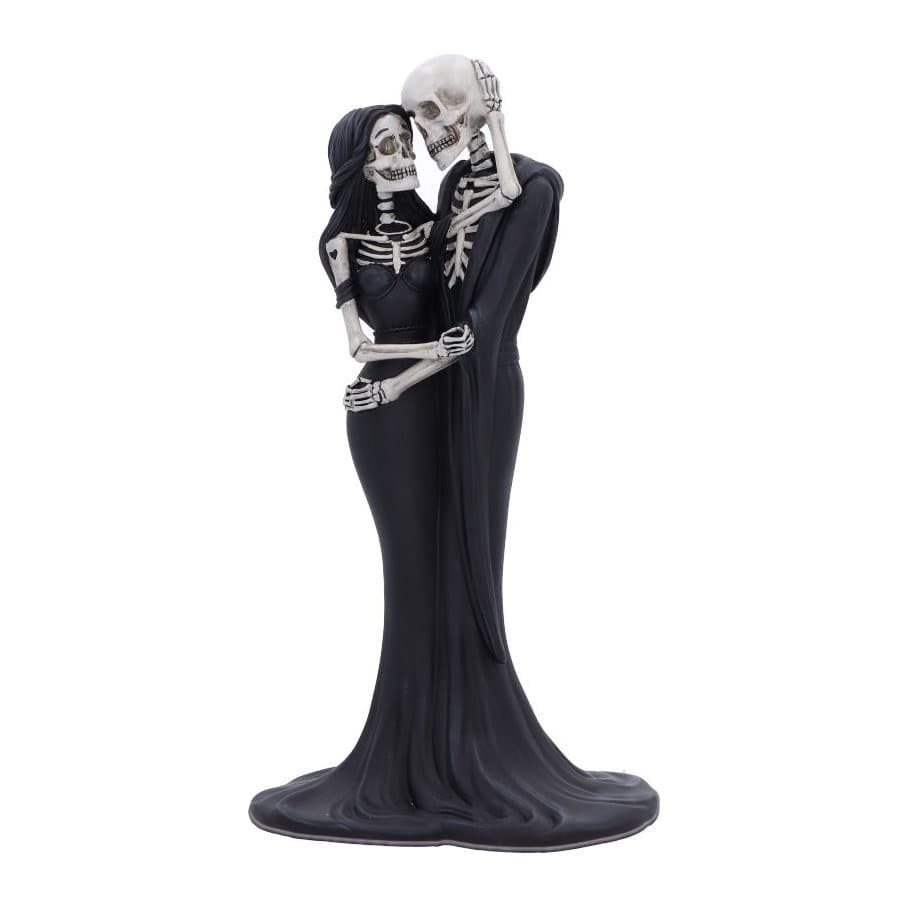 Two skeleton lovers embracing in long black flowing robes