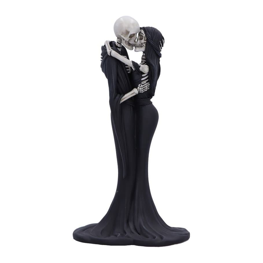 Gothic skeleton couple sharing a kiss figurine