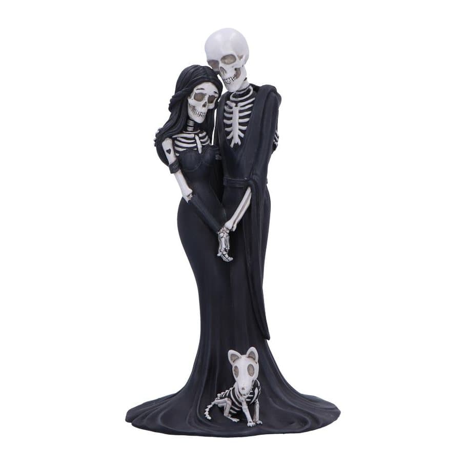 Gothic figurine of two skeleton lovers embracing with a skeleton dog