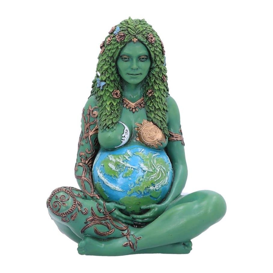 Painted resin Mother Earth Gaia statue with green foliage hair and bronzed arms