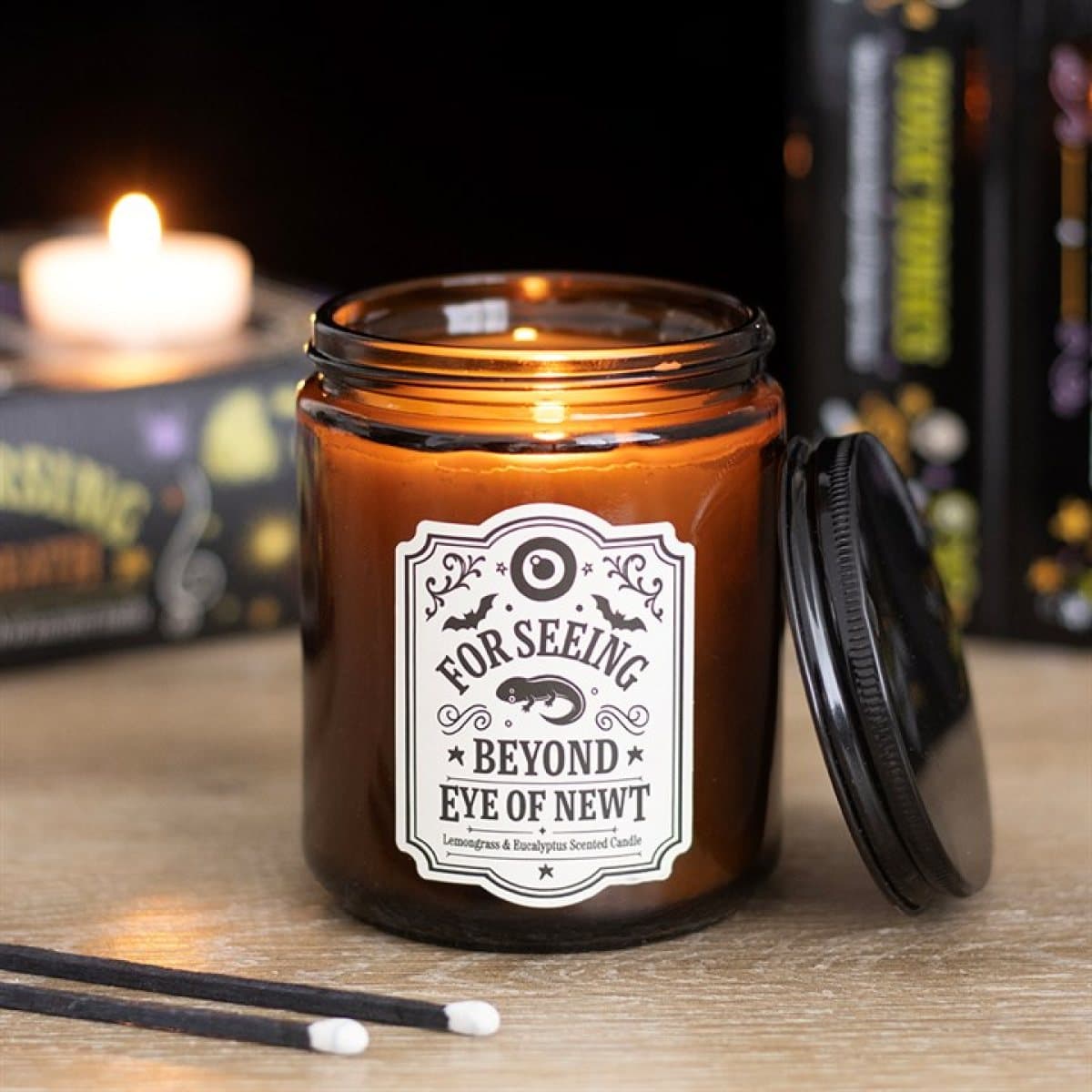 Eye of Newt apothecary-style glass jar candle with brown box