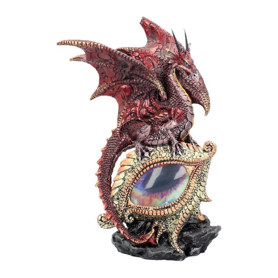 Red dragon with raised wings above a large dragon eye on black rock