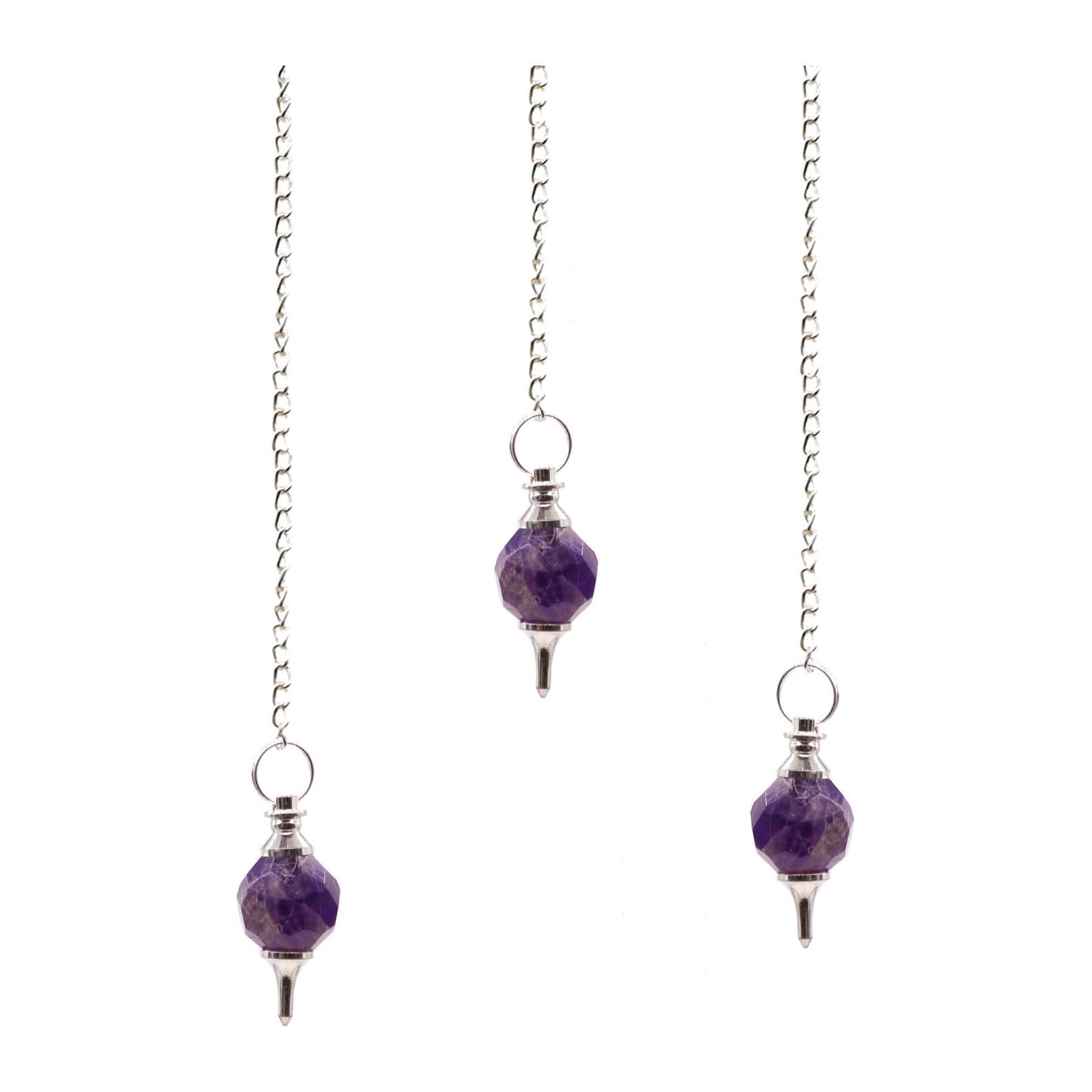 Faceted amethyst gemstone pendulum with silver-tone fittings and a fine hanging chain