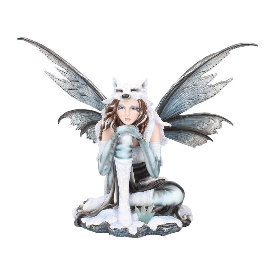 Fae-Lore winter fairy figurine sitting in a white dress with ice-like wings