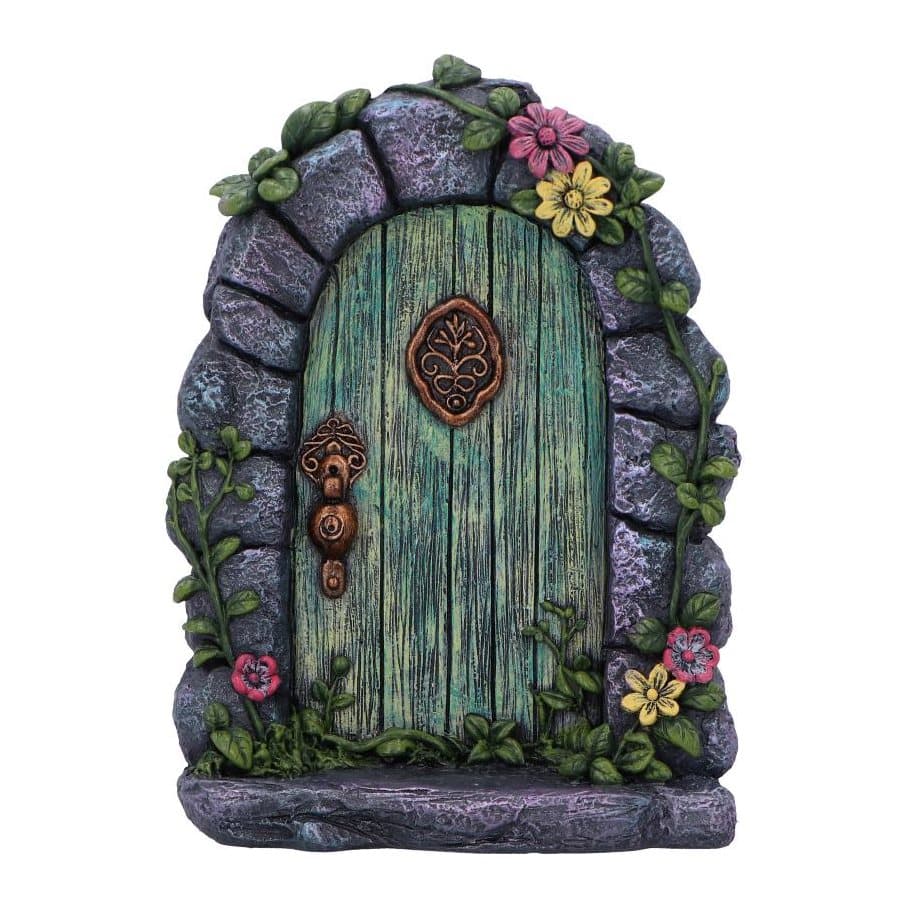Green fairy door in a stone arch with vines, flowers and a cobblestone base
