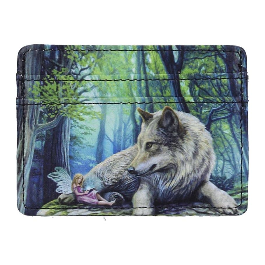 Fairy Stories card holder with a white wolf and pink fairy in a green forest