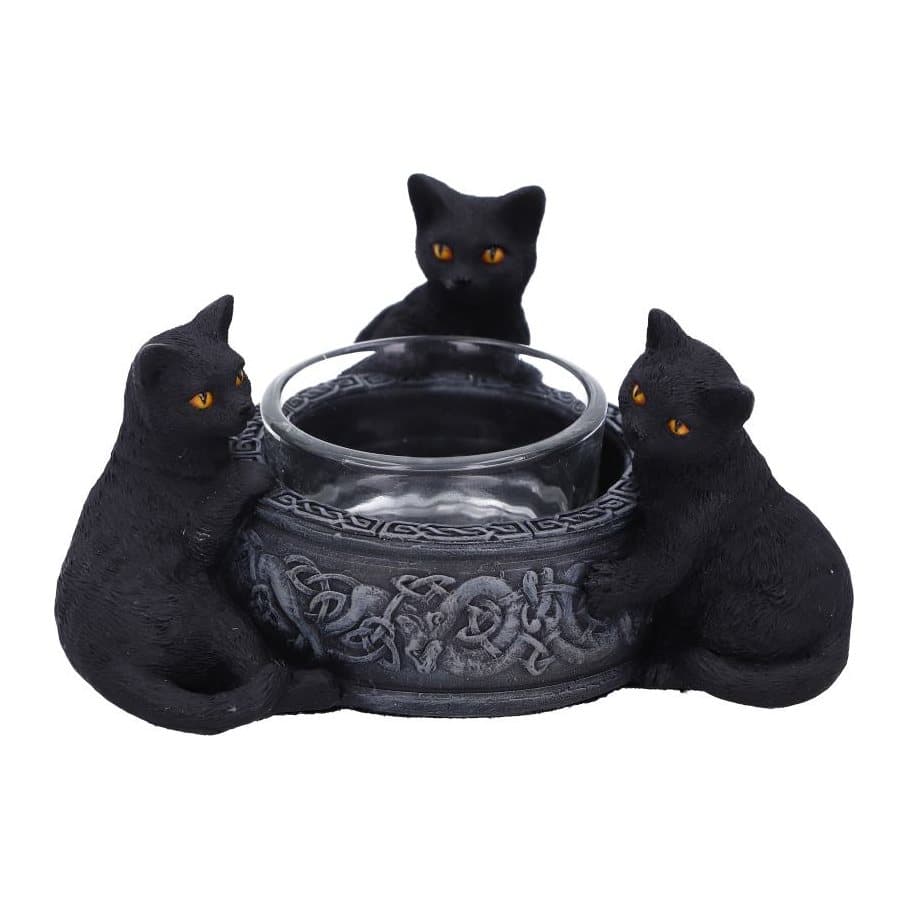 Three black resin cats around a tea light holder