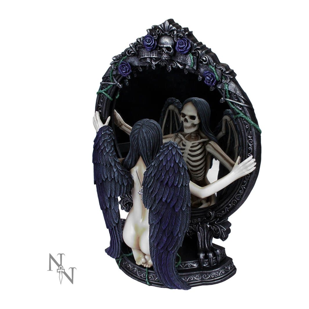 Black-winged angel kneeling before a mirror showing the face of the Grim Reaper