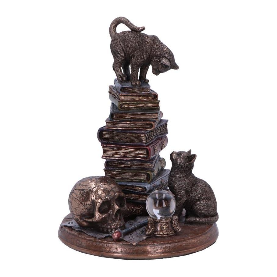 Bronze finish ornament of two cats with books, a crystal ball and a skull