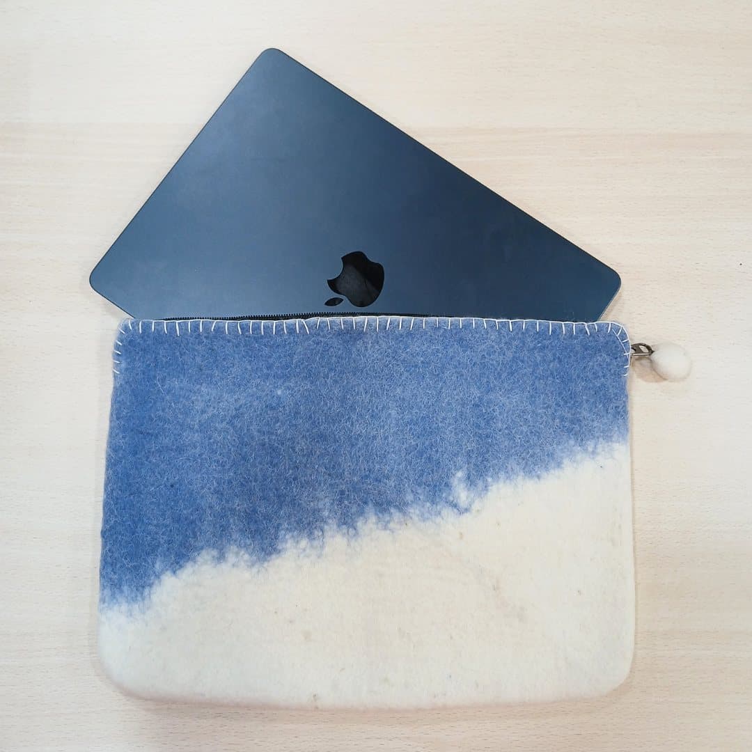 Blue and natural-white felt laptop pouch with zip