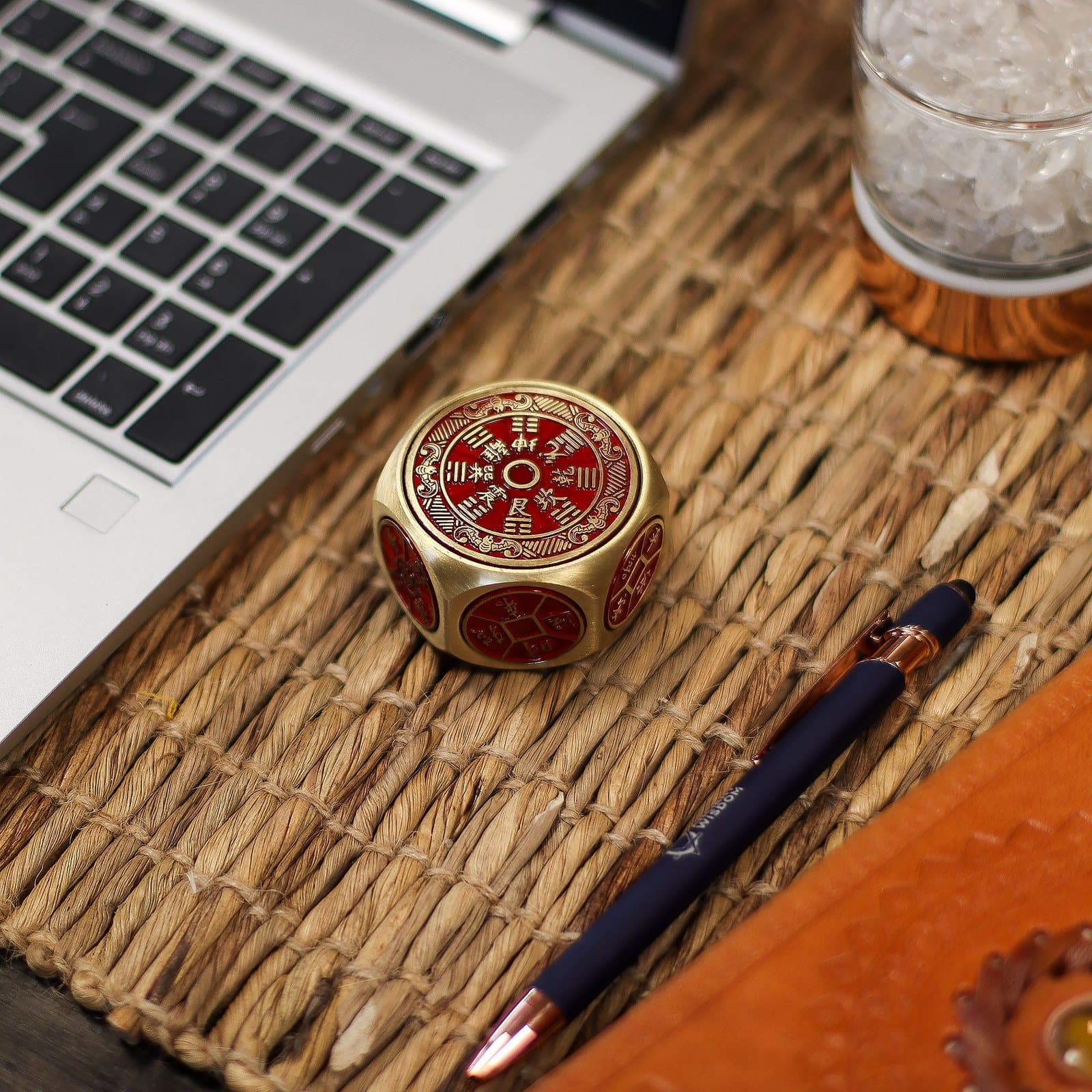 Red and brass Feng Shui calendar and coin dice spinner