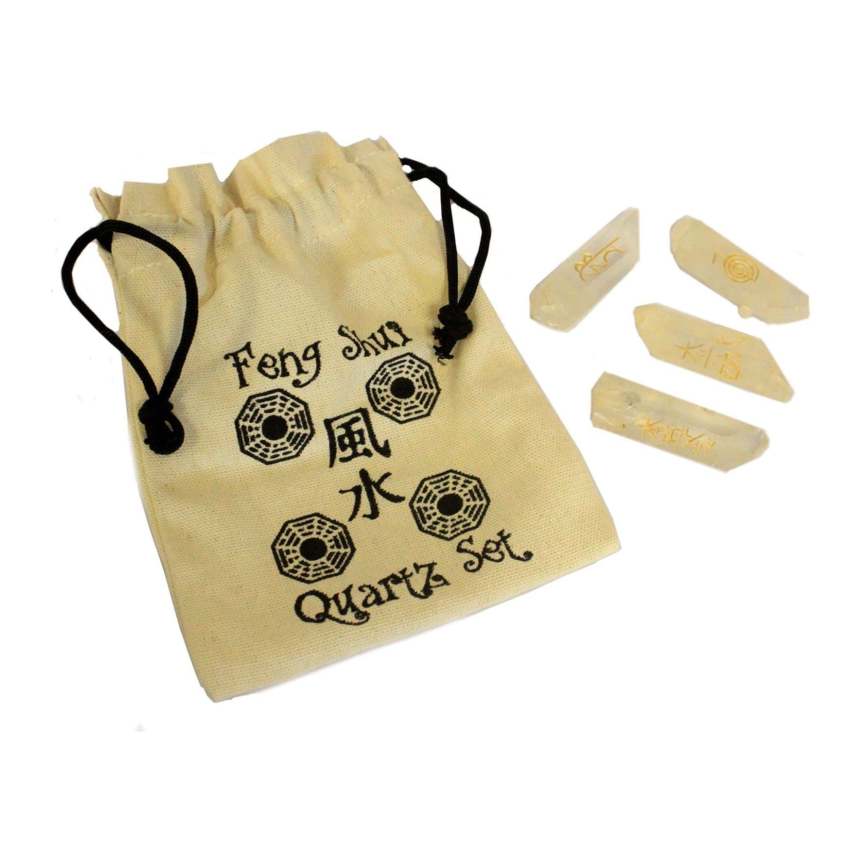 Fengshui Quatra-Set of four natural quartz pieces with engraved Feng Shui symbols