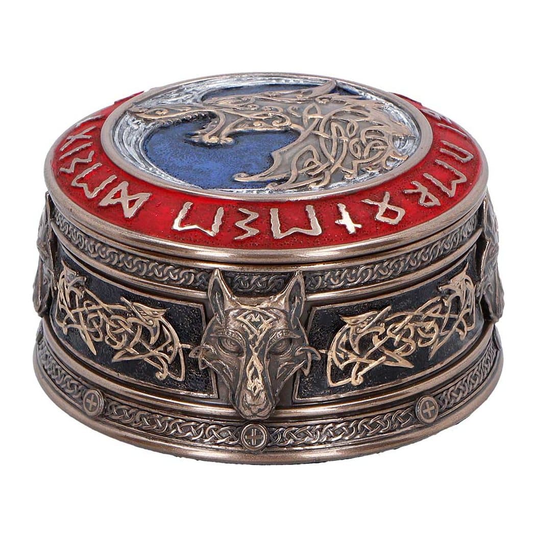 Round resin Fenrir treasure box with the wolf artwork and Norse runes on its lid