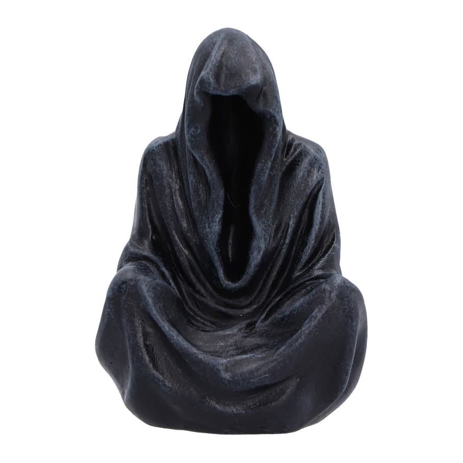 Six Grim Reaper figurines seated cross-legged in dark cloaks