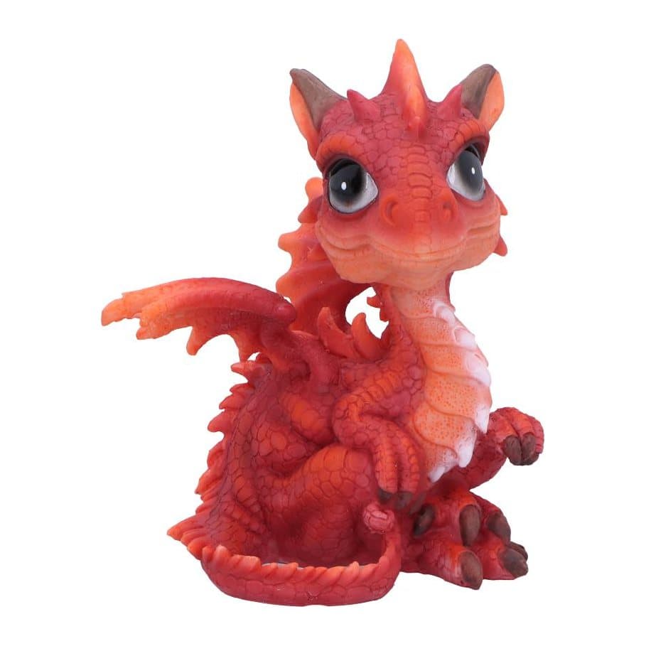 Red fire dragonling figurine with grey eyes and a dazed smirk, sitting on the ground.