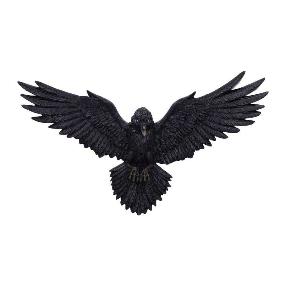 Black gothic raven wall plaque with a 36 cm wingspan and blue eyes