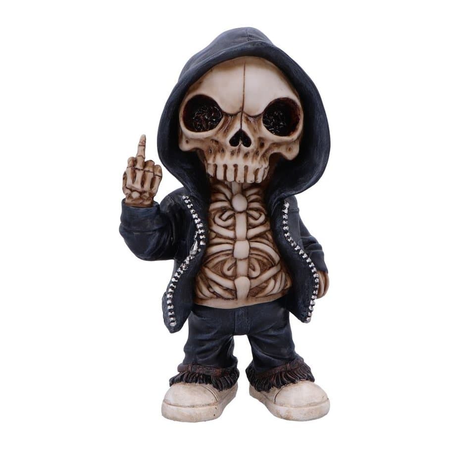 Skeleton figurine in a hooded jacket raising its middle finger