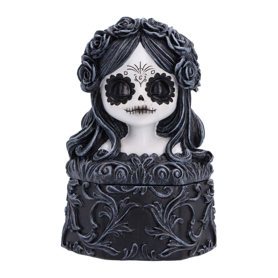 Black and white Day of the Dead trinket box with a sculpted girl's head lid