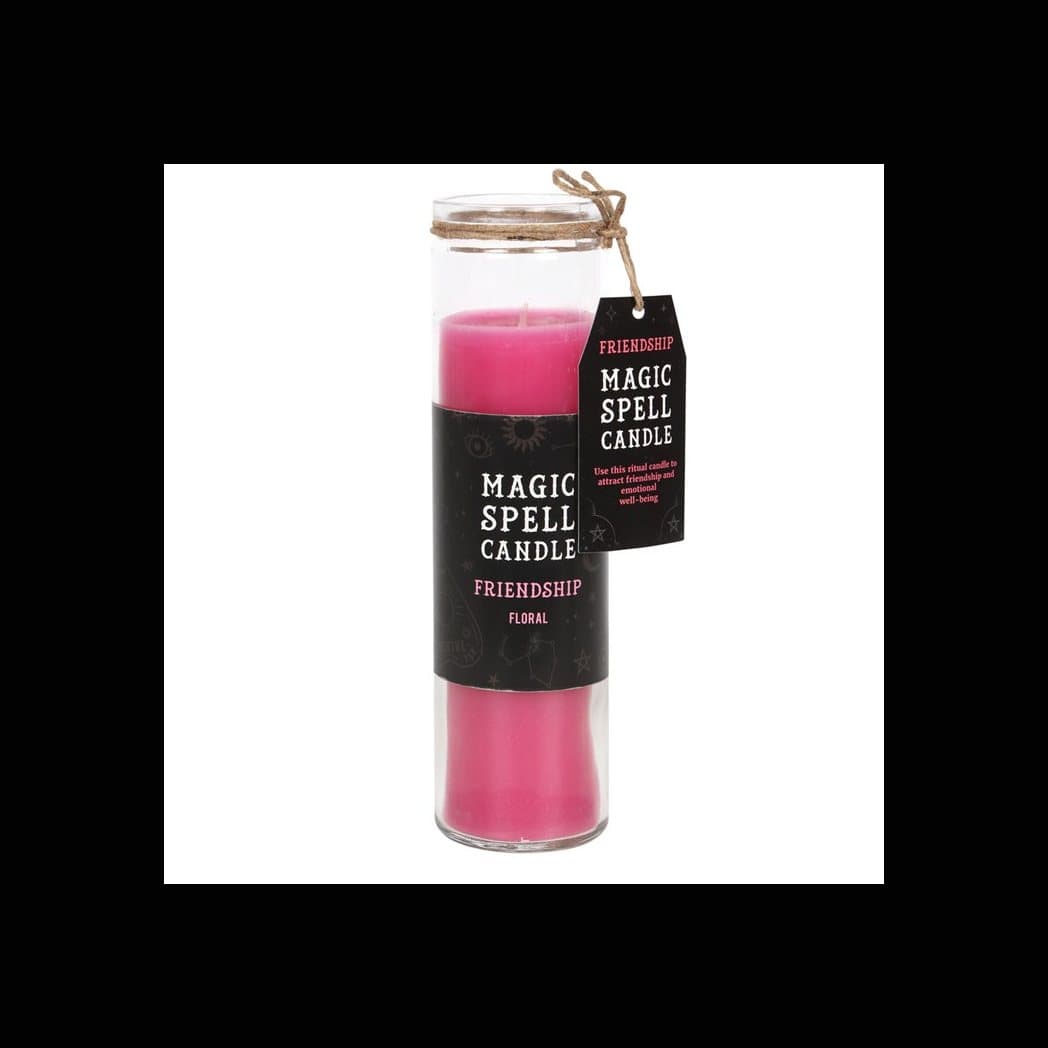 Pink floral friendship spell tube candle in a tall glass jar