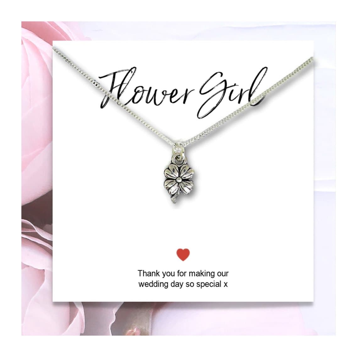 Flower girl necklace with a silver flower charm and a thank you card