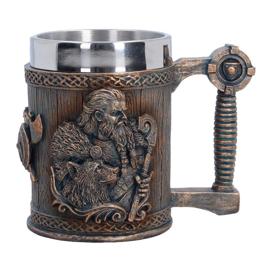 Dark brown Viking tankard with Viking portraits and a sword hilt detail