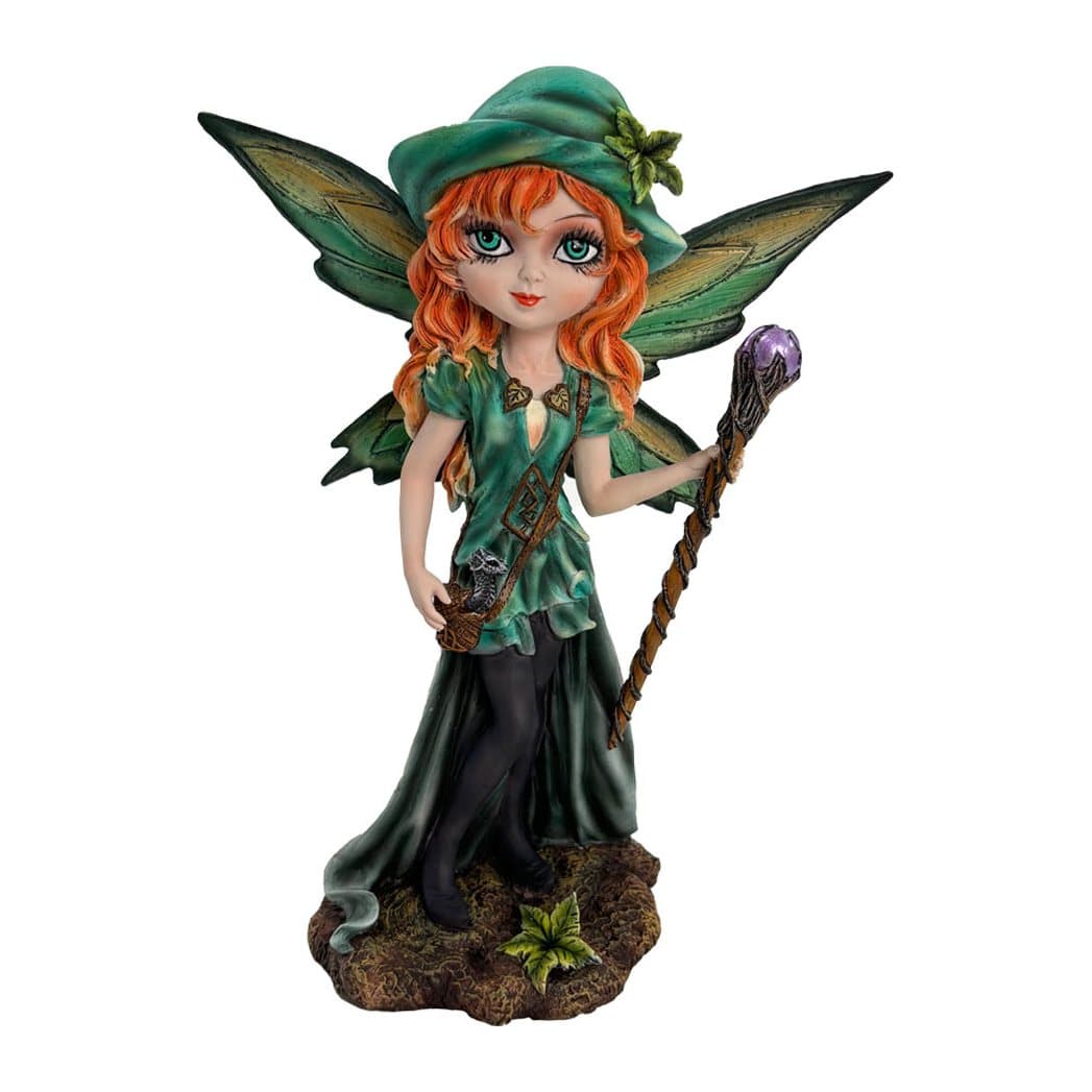 Forest Fae fairy figurine with purple jewel staff and baby dragon