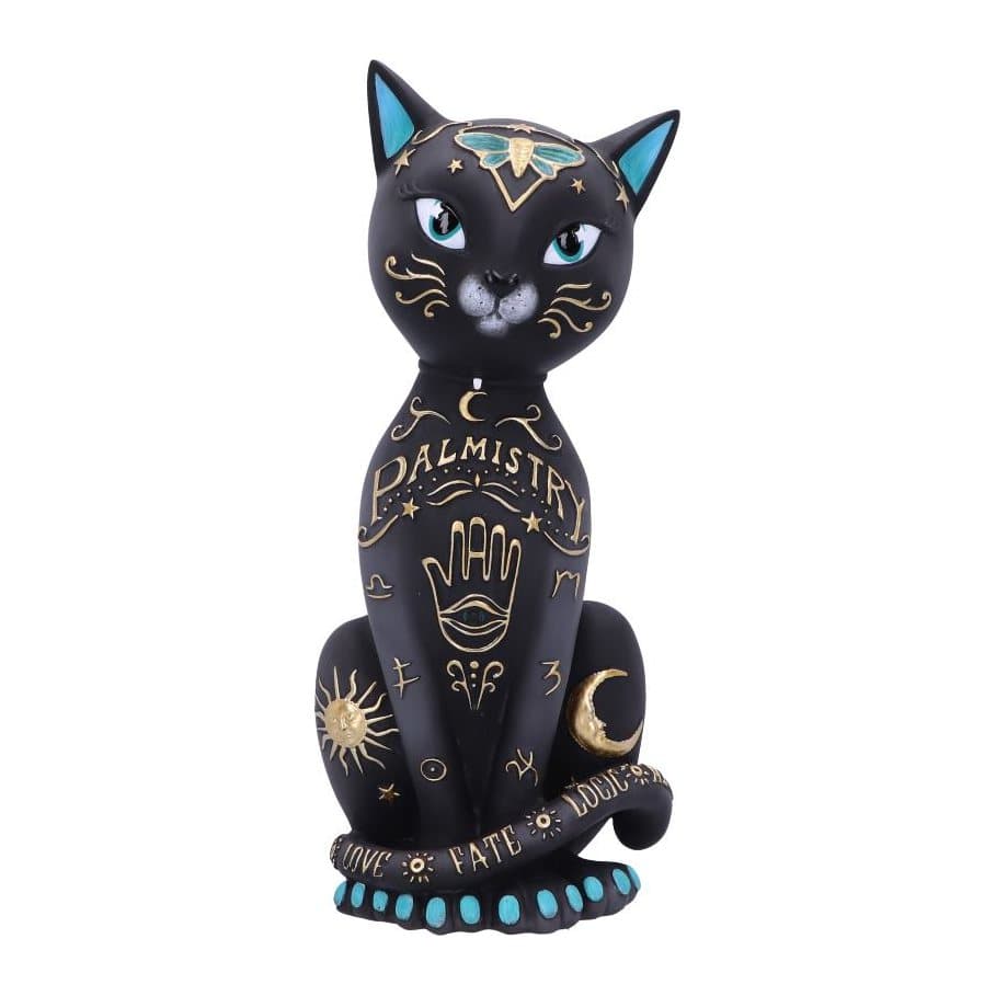 Resin cat figurine with gold palmistry symbols, a sun and a crescent moon