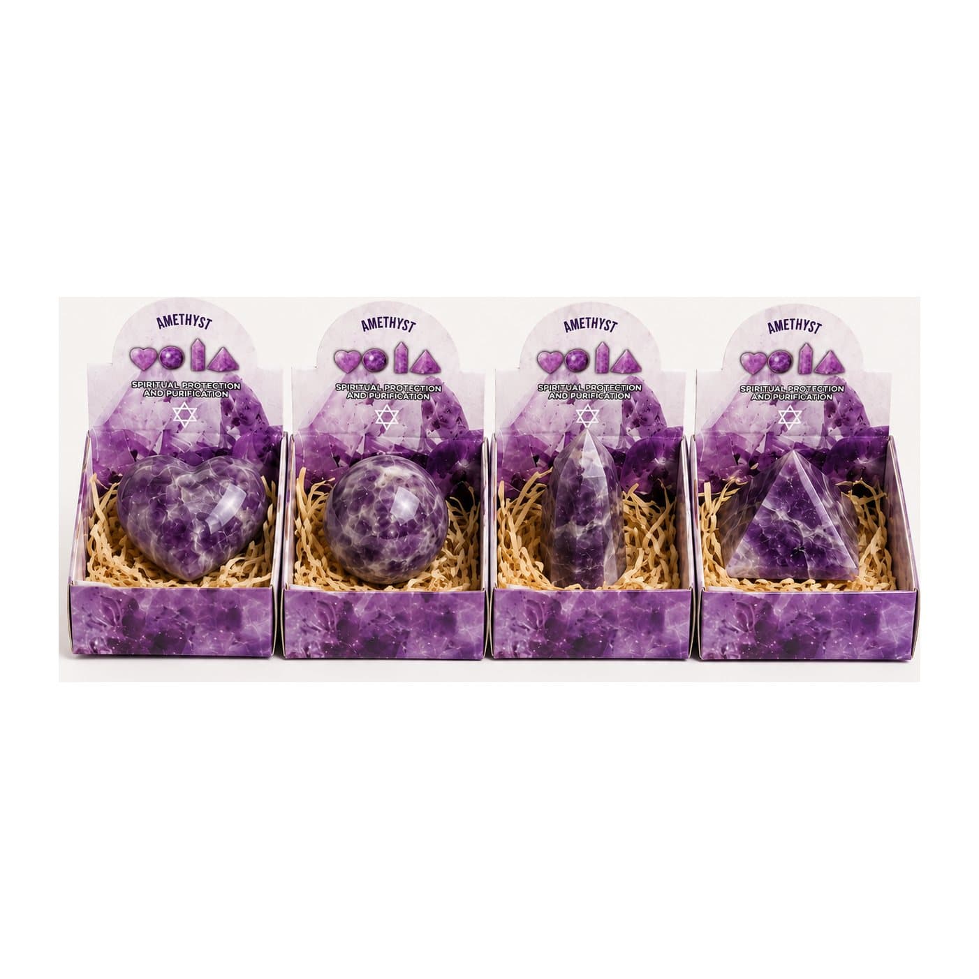 Amethyst heart, sphere, obelisk and pyramid crystal set