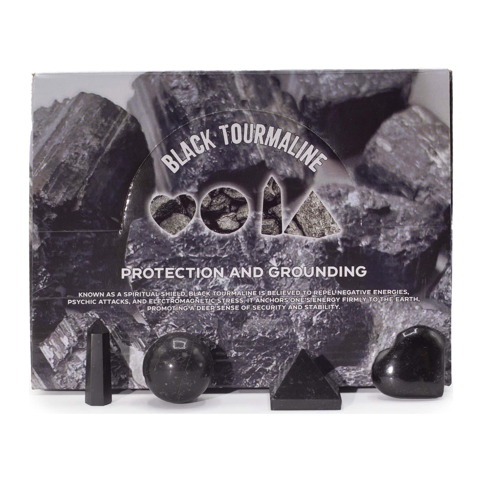 Black tourmaline heart, sphere, obelisk and pyramid crystal set