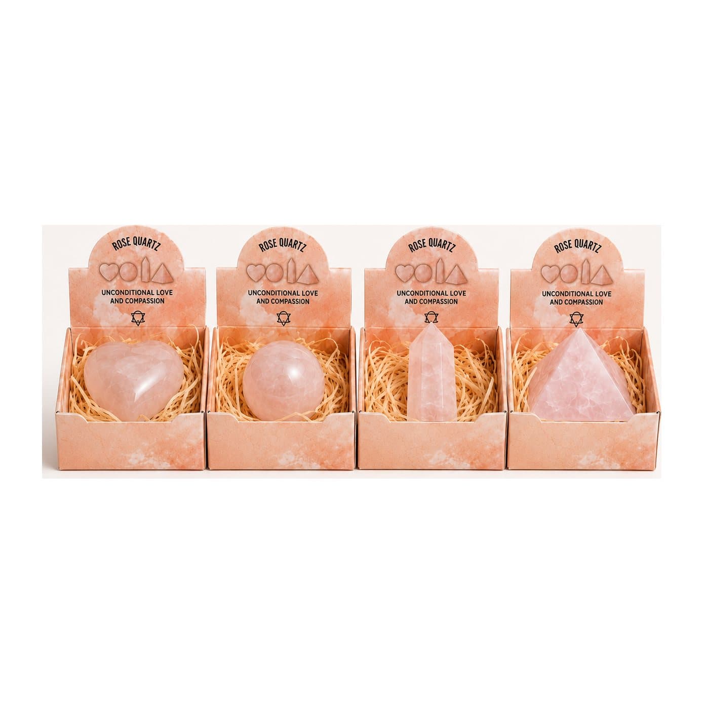 Rose quartz heart, sphere, obelisk and pyramid crystal set in soft pink