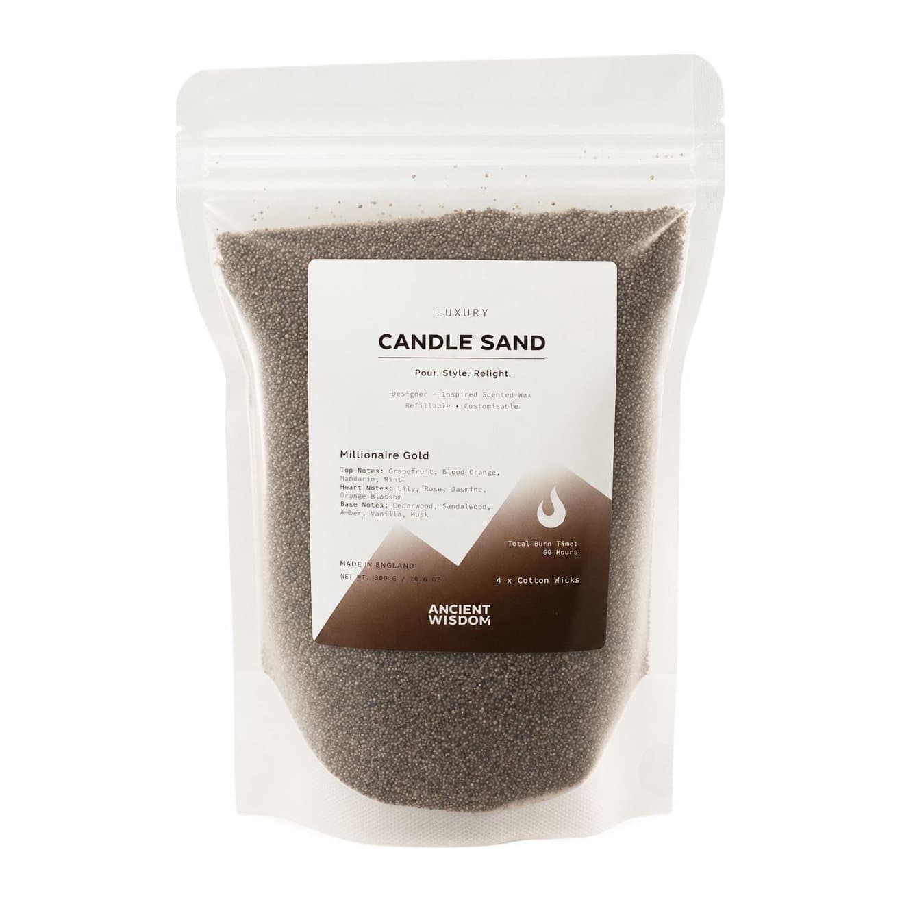 Chocolate brown Millionaire Gold candle sand in a 300 g resealable pouch