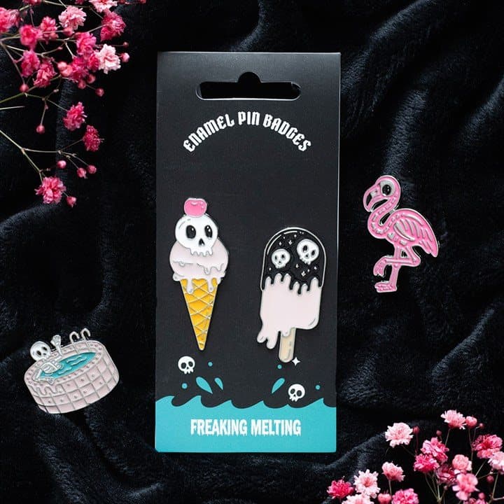 Enamel pin badge set of melting ice creams with skull details on a cardboard back