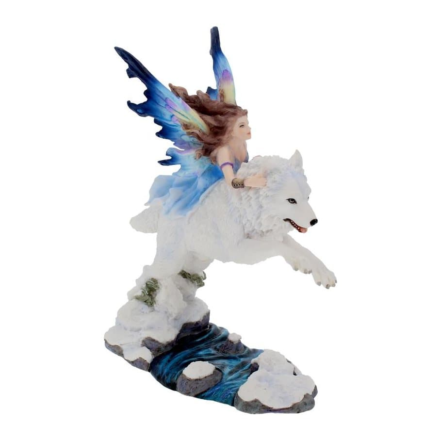 Fairy with lilac wings clinging to a leaping white wolf figurine