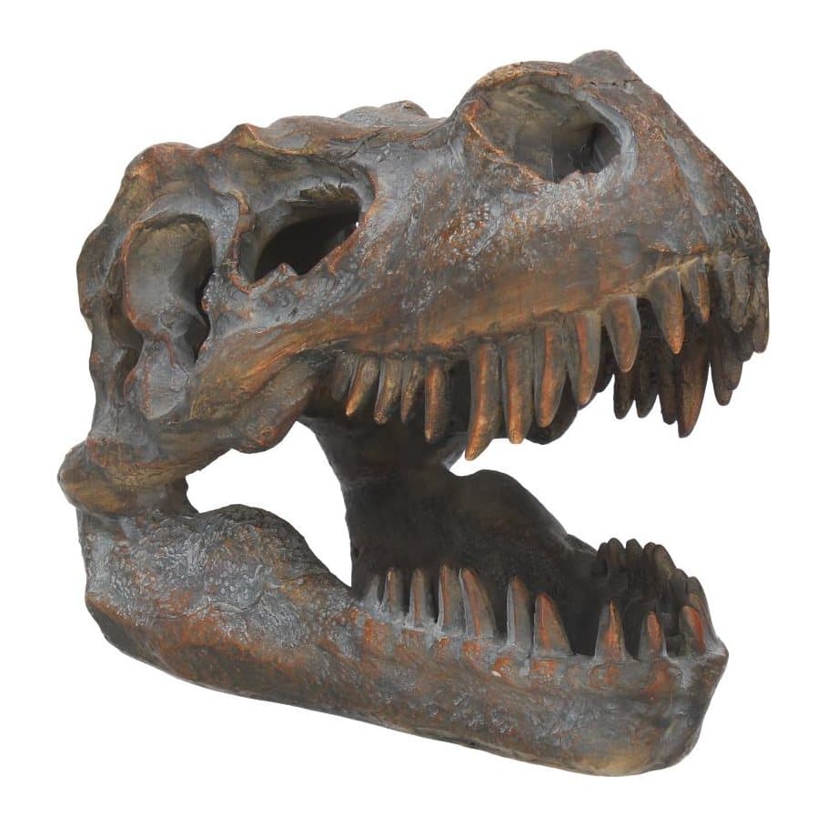 Tyrannosaurus rex skull figurine with open mouth and jagged fangs