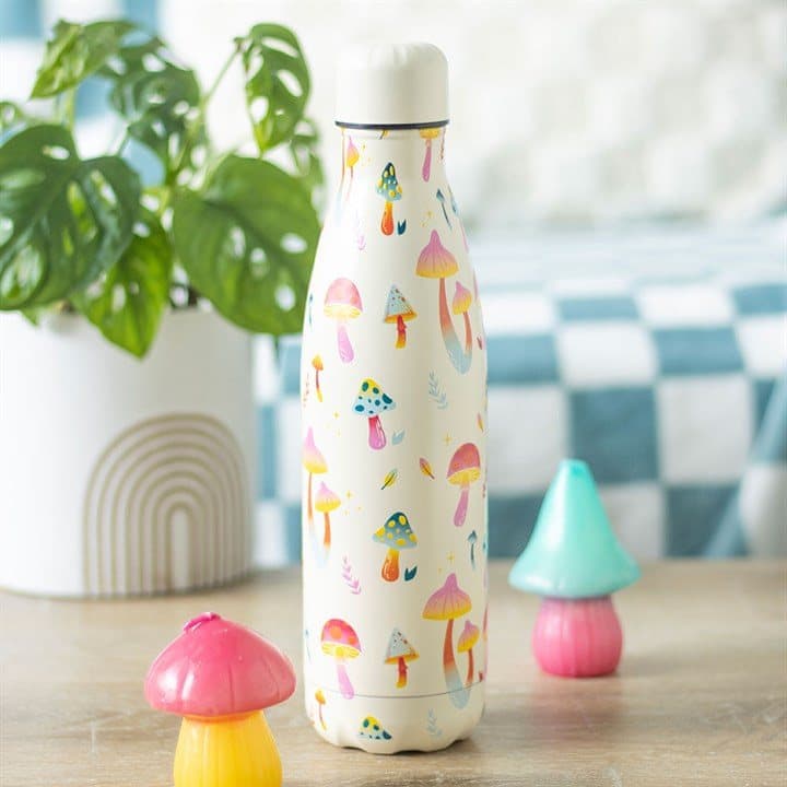 Steel water bottle with a colourful mushroom print