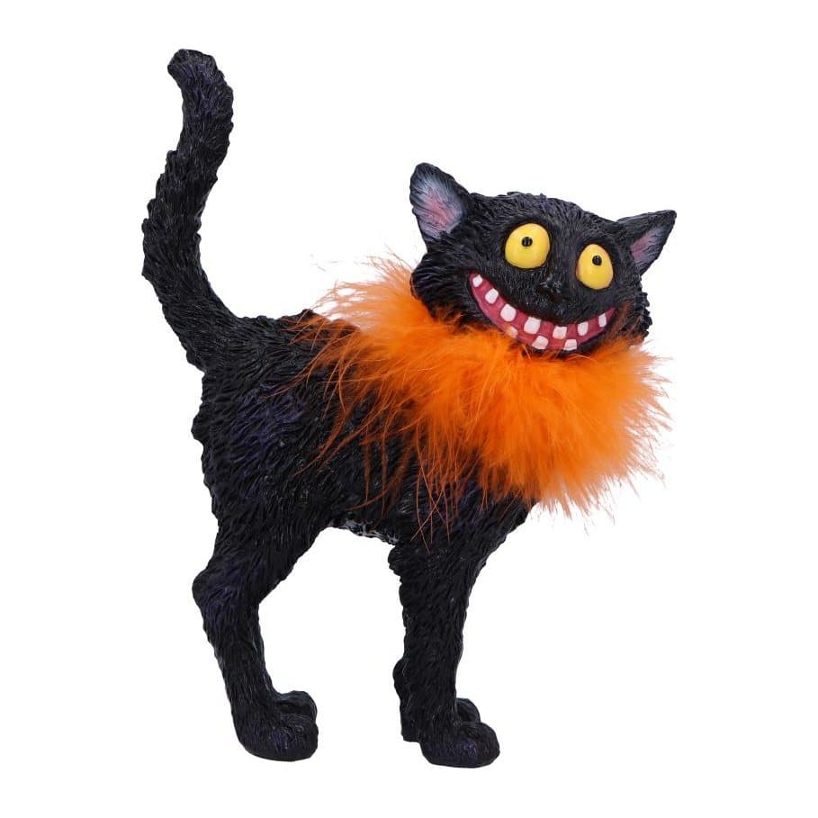 Black cat figurine with a large grin and orange feather boa