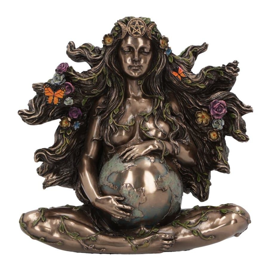 Bronze Gaea figurine seated cross-legged with butterflies and flowers in her hair