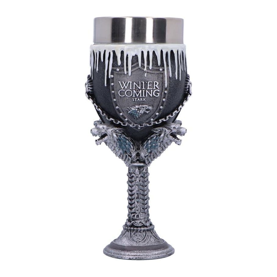 House Stark goblet with silver Winter is Coming design and dire wolves on handle