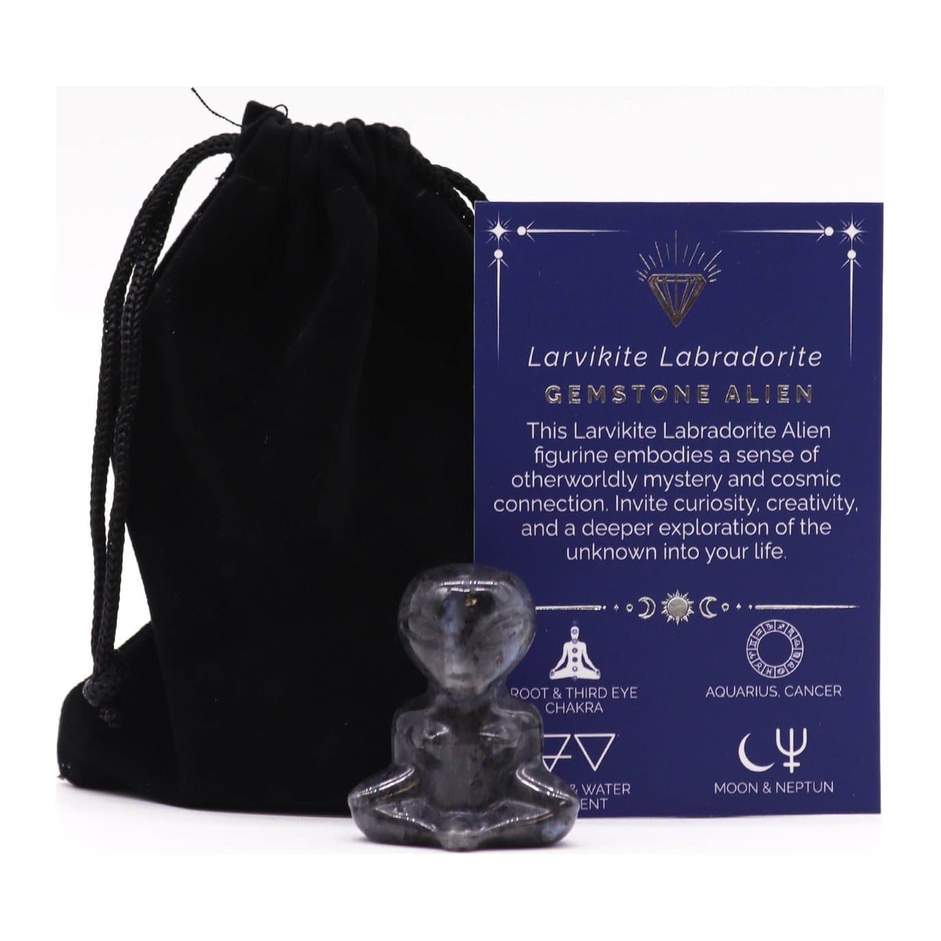 Small alien-shaped figurine made from larvikite labradorite gemstone
