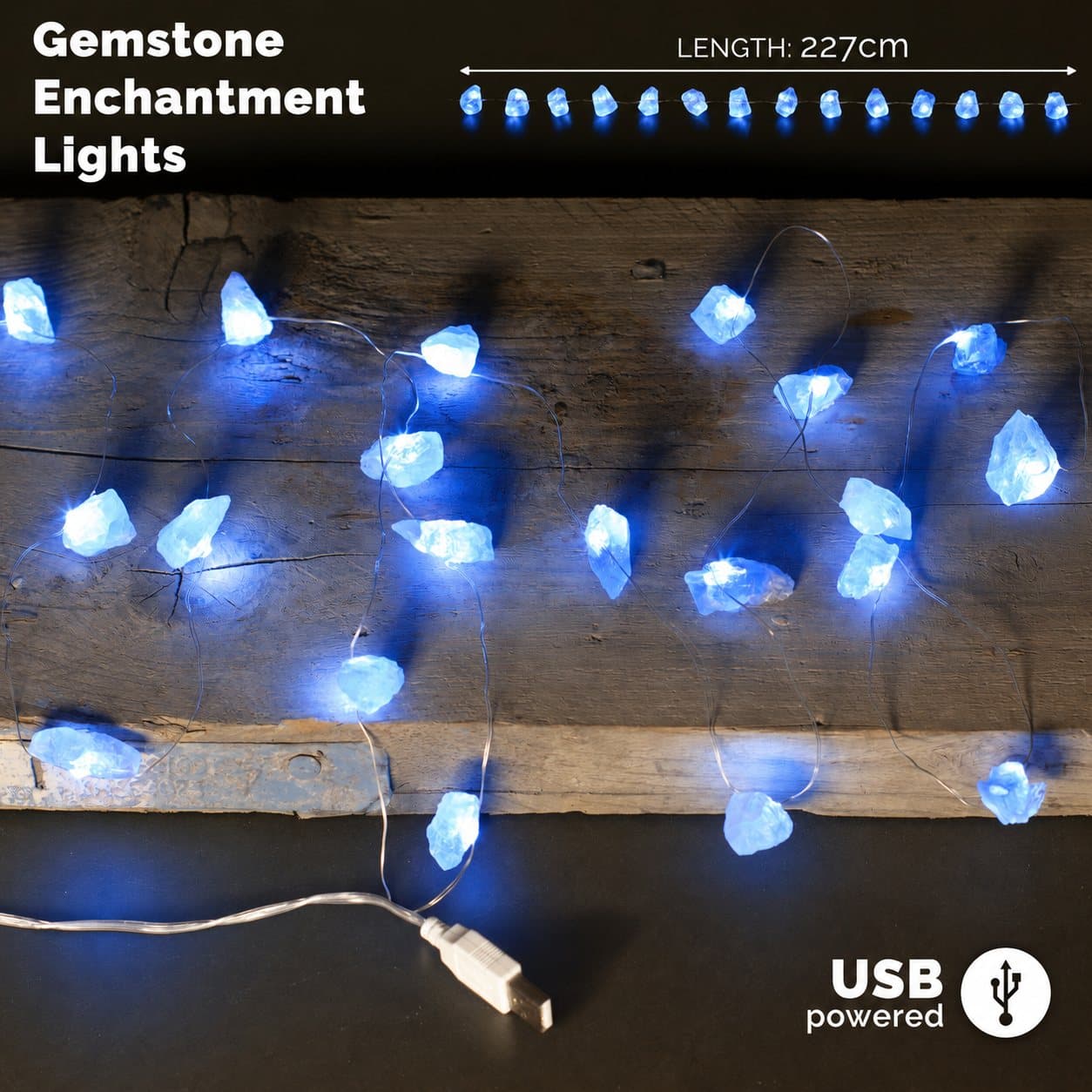 String of celestite crystal rocks on an LED light string