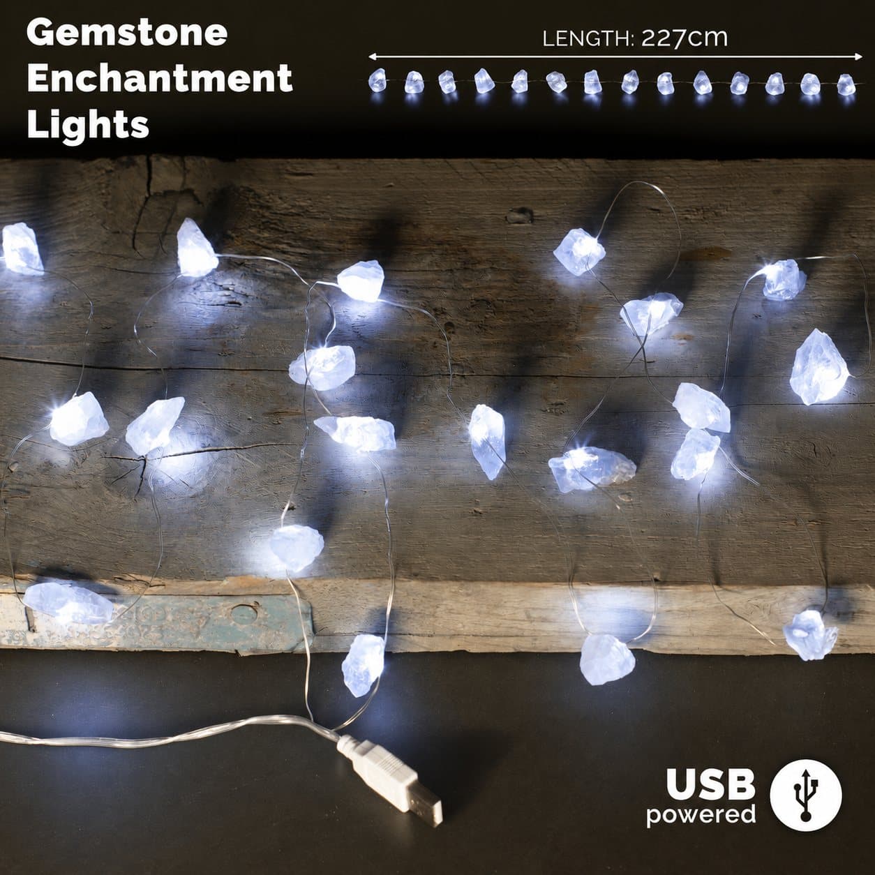 String of rock quartz crystal LED lights with a warm glow