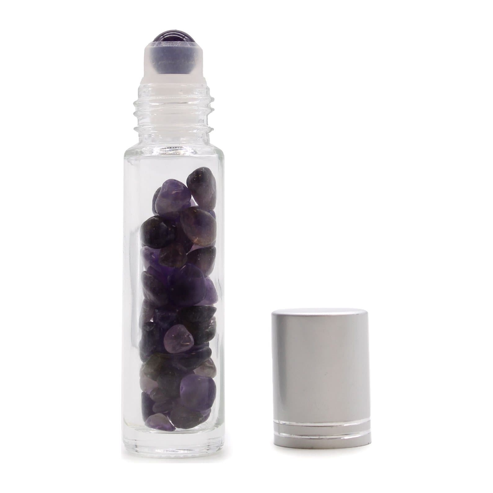 Glass roller bottle with a polished amethyst ball and silver cap
