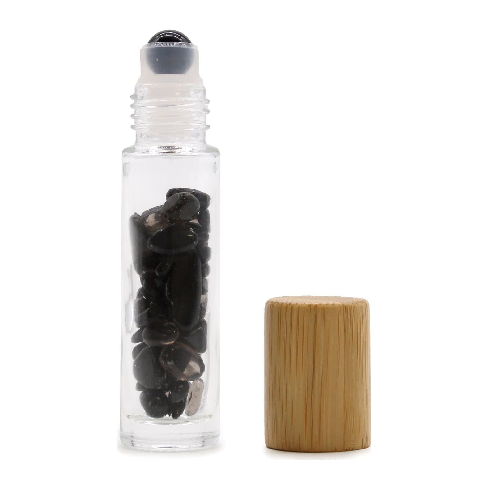 Black tourmaline gemstone essential oil roller bottle with a wooden cap