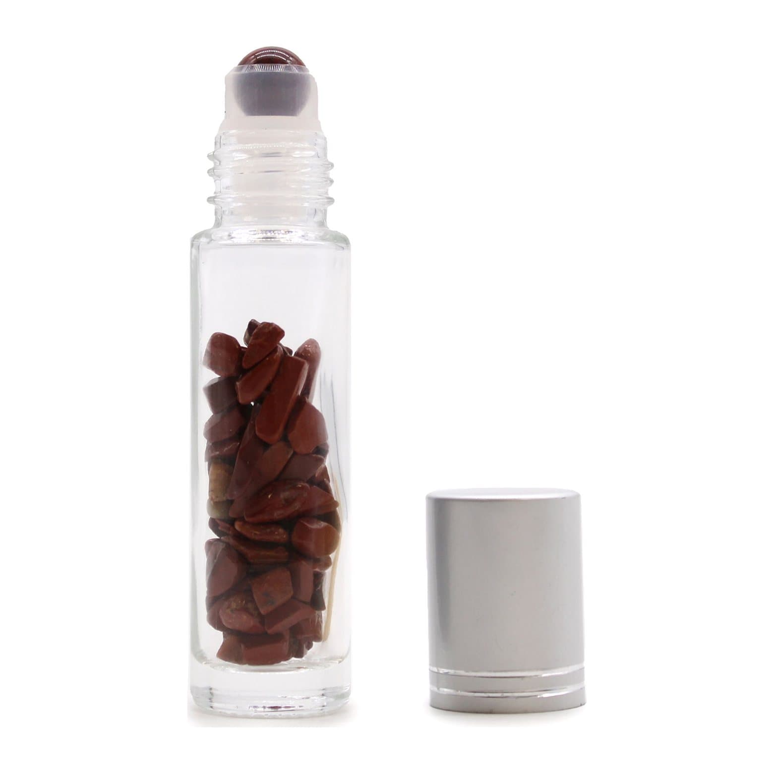 Red jasper gemstone essential oil roller bottle with a silver cap