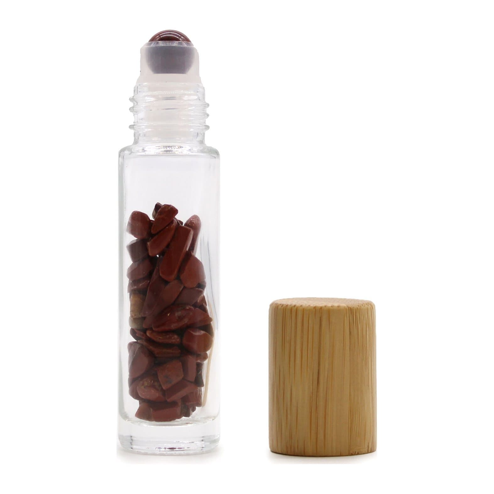 Red jasper gemstone essential oil roller bottle with a wooden cap