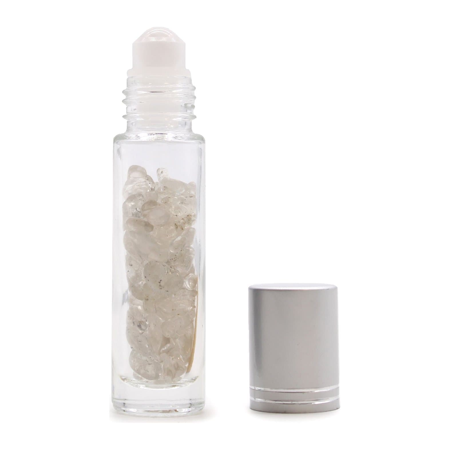 Rock quartz gemstone roller bottle with a silver cap
